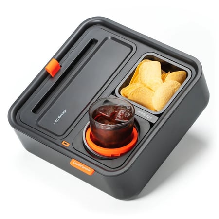 كاوتش كونسول منظم للمشروبات والاكل مع حامل اكواب مانع للاهتزاز وستاند للجوال CouchConsole لون اسود/برتقالي