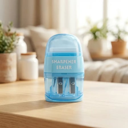 براية أقلام مزدوجة الفتحات شفافة مع ممحاة زرقاء من ميني سو