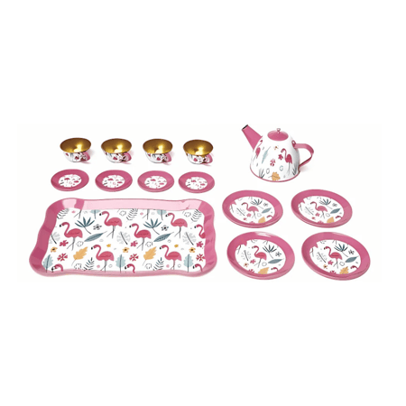 مجموعة أدوات شاي معدنية للأطفال - تصميم زهور - 15 قطعة