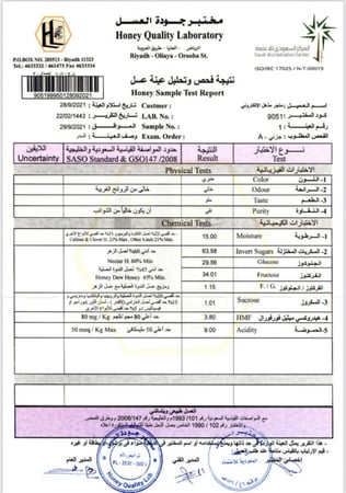 نتيجة فحص  و تحليل عسل السدر البلدي