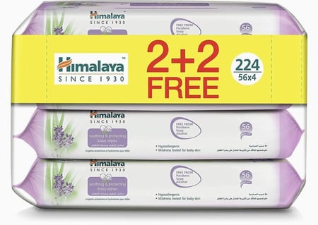 مناديل مبللة للاطفال من هيمالايا، تلطيف وحماية، خالية من الكحول والبارابين، للبشرة الحساسة، 224 منديل مبلل