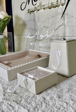 بكج لتفاصيل العروس ٤ قطع بوكس العقد +بوكس الدبل + بوكس المسكة +مبخرة جلد شامل التنسيق بتصميم الولو