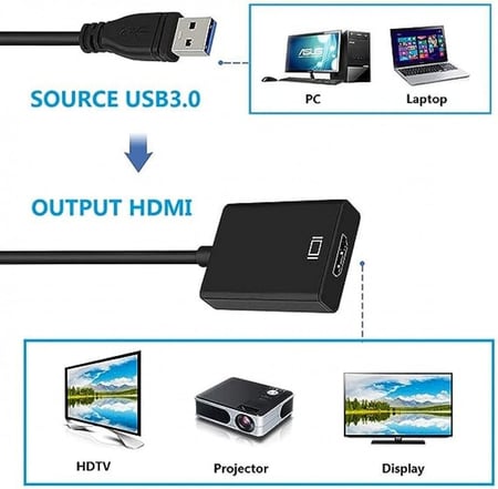 وصلة USB إلى HDMI، وصلة USB 3.0/2.0 إلى HDMI محول، 1080P HD فيديو رسومات، محول كابل شاشات متعددة للكمبيوتر المحمول والبروجكتور - رصاصي
