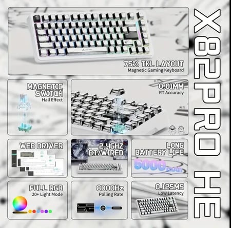 كيبورد مغناطيسي لا سلكي attack shark x82pro he