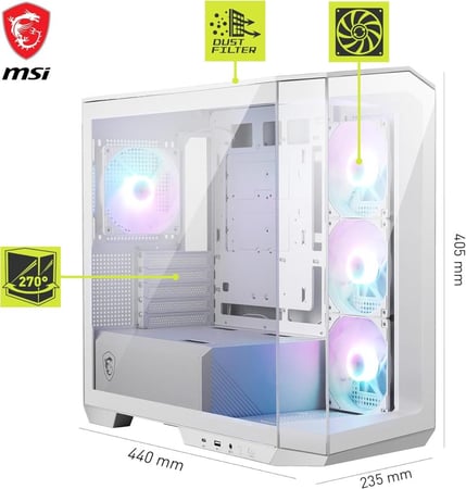 MSI MAG PANO M100R PZ White – صندوق ألعاب Micro-ATX بتصميم بانورامي و4 مراوح ARGB