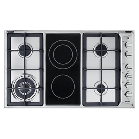 إلبا الايطالية - سطح بلت ان غاز و كهرباء سيراميك ايطالي 90 سم - 4 شعلات غاز منها شعلة مزدوجة - لوح سيراميك كهربائي من منطقتين للطهي - تحكم يدوي جانبي - إشعال إلكتروني - دعامات أواني من الحديد الزهر - حامل مقلاة من الحديد الزهر - أنظمة أمان – AS EN95-425 X