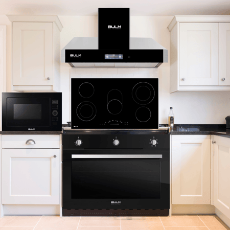 بكج اجهزة مطبخ بلت ان من BULM بولم - الايطالية BOLM - شفاط جداري حرف تي يعمل بالصوت و اللمس و الاشارة + ميكرويف 28لتر بلت ان مع شواية اسود + سطح سيراميك 5 عين كهرباء, تحكم لمس عين قابلة للتمدد+ فرن كهربائي 6 وظائف 90 سم