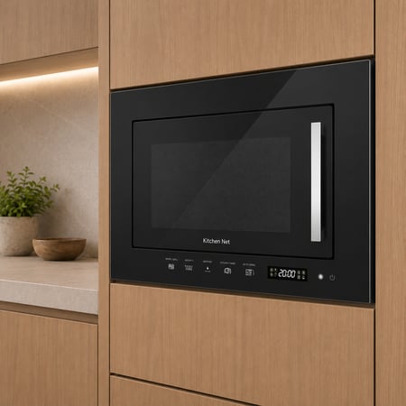 كتشن نت Kitchen Net ميكرويف بلت إن 20 لتر مع شواية – تحكم باللمس × 6 برامج طهي × إذابة الثلج × شواية 800 واط × ميكرويف 700 واط – قفل أمان للأطفال – تجويف داخلي ستانلس ستيل – تصميم أنيق باللون الأسود – مقاس 60×38 سم – موديل JN2204010