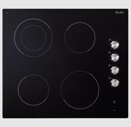 إلبا الايطالية سطح بلت ان كهرباء سيراميك ايطالي 60 سم  - سيراميك زجاجي أسود - 4 مناطق للطهي منها منطقة مزدوجة - تحكم يدوي جانبي - 12 حرارة لكل منطقة طهي - مؤشر الحرارة المتبقية - AS EVC 624 SK