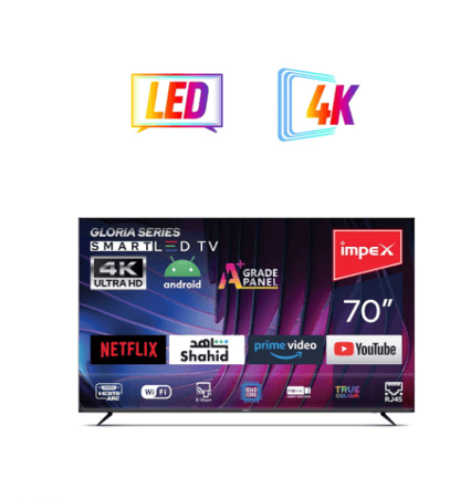 امبيكس - تلفزيون LED ذكي 70 بوصة UHD 4K - أندرويد 14 - معالج رباعي - تصميم بدون إطار - لوحة A+ تصميم نحيف - ( 3 منافذ HDMI )  ( منفذين USB، RJ45، DVB-T2 ) دقة 3840x2160 - زاوية عرض 176° - IMPEX GLORIA 70