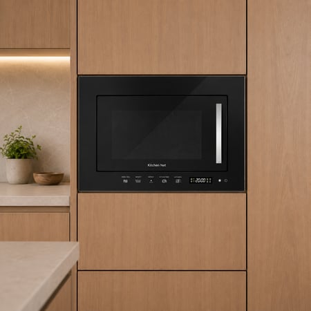 كتشن نت Kitchen Net ميكرويف بلت إن 20 لتر مع شواية – تحكم باللمس × 6 برامج طهي × إذابة الثلج × شواية 800 واط × ميكرويف 700 واط – قفل أمان للأطفال – تجويف داخلي ستانلس ستيل – تصميم أنيق باللون الأسود – مقاس 60×38 سم – موديل JN2204010