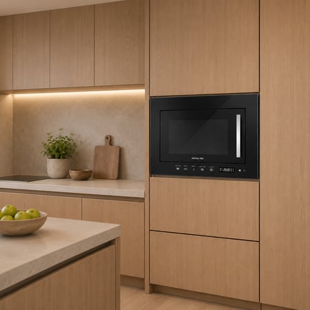 كتشن نت Kitchen Net ميكرويف بلت إن 20 لتر مع شواية – تحكم باللمس × 6 برامج طهي × إذابة الثلج × شواية 800 واط × ميكرويف 700 واط – قفل أمان للأطفال – تجويف داخلي ستانلس ستيل – تصميم أنيق باللون الأسود – مقاس 60×38 سم – موديل JN2204010