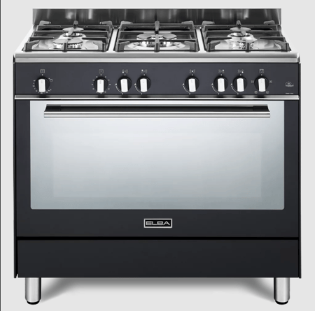 إلبا الايطالية فرن فري ستاند، 90 سم – غاز - 5 شعلات ، شعلة مزدوجة مع دعامة و شبك من الحديد الزهر – إشعال ذاتي مع صمام أمان على جميع الشعلات -  8 وظائف – فرن غاز – الشعلتان تعملان معاً في ان واحد – مروحة توزيع حرارة ، مروحة تبريد - FA 965 FG SA