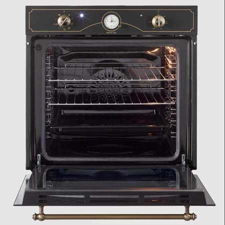 إلبا الايطالية فرن بلت-ان -9 وظائف كهرباء - 74 لتر - 60 سم - واجهة من التصميم البني الداكن الكلاسيكي | مقبض بتشطيب نحاسي باب كلاسيكي مع زجاج شفاف ثنائي الطبقات - خاصية التخمير الطهي بالبخار | التنظيف الرطب خاصية إزالة التجميد تسخين الأواني - AS ECM 9 LAN