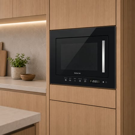 كتشن نت Kitchen Net ميكرويف بلت إن 20 لتر مع شواية – تحكم باللمس × 6 برامج طهي × إذابة الثلج × شواية 800 واط × ميكرويف 700 واط – قفل أمان للأطفال – تجويف داخلي ستانلس ستيل – تصميم أنيق باللون الأسود – مقاس 60×38 سم – موديل JN2204010