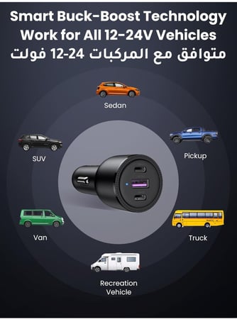 شاحن سيارة يوجرين 69 واط PD شحن سريع 3 منافذ - الرؤية الذكية
