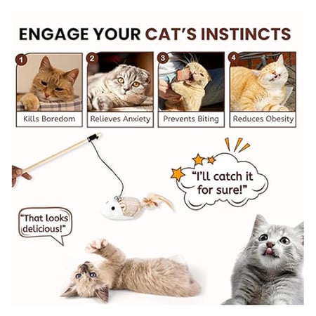 لعبة سنارة خشبية للقطط مع فأر جوت وجرس وريشة لتحفيز الصيد واللعب