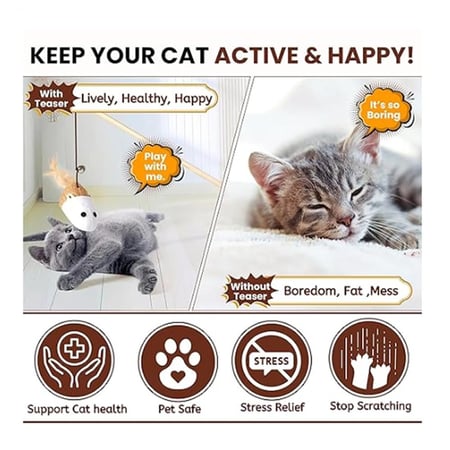 لعبة سنارة خشبية للقطط مع فأر جوت وجرس وريشة لتحفيز الصيد واللعب