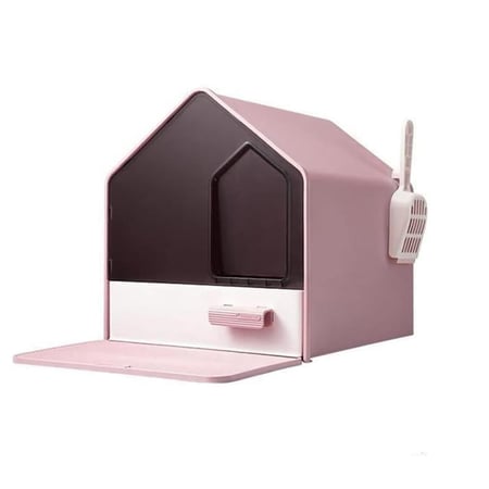 ليتر بوكس قطط مغلق على شكل منزل بلاستيك لون وردي