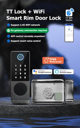 قفل خارجي مع وايفاي + بلوتوث. يعمل بكل من : بصمة + كلمة مرور + مفتاح + كرت + تطبيق + ريموت. يعمل مع اليكسا