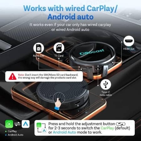 Ottocast P3 Pro AI Box: صندوق سيارة ذكي (Android 13) | Wireless CarPlay & Android Auto | مخرج HDMI مزدوج | Snapdragon 6225