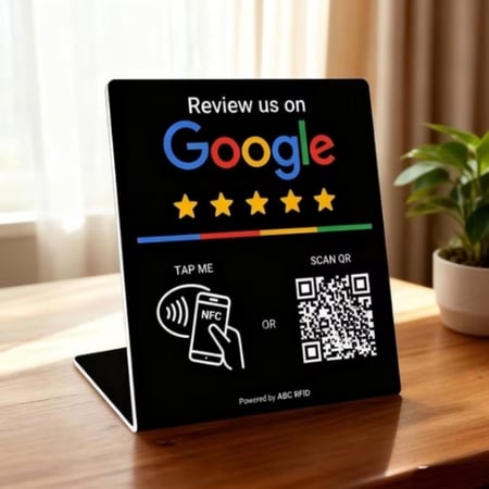 استاند تقييم قوقل ماب بتقنية NFC مقاس 14x12 مع باركود لون أسود