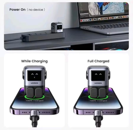فيش شاحن جداري بثلاث منافذ وقدرة 65 واط من UGREEN شاشة تفاعلية