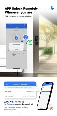قفل خارجي مع وايفاي + بلوتوث. يعمل بكل من : بصمة + كلمة مرور + مفتاح + كرت + تطبيق + ريموت. يعمل مع اليكسا
