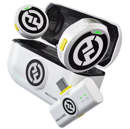 ميكروفون لافالير لاسلكي لارك M2 للهاتف type c من هوليلاند hollyland Lark M2 صغير خاصية الغاء الضوضاء بطارية 30 ساعة لتسجيل الفيديو والبث ويلتقط الصوت من بعد 300 متر