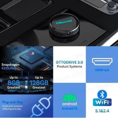 Ottocast P3 Pro AI Box: صندوق سيارة ذكي (Android 13) | Wireless CarPlay & Android Auto | مخرج HDMI مزدوج | Snapdragon 6225