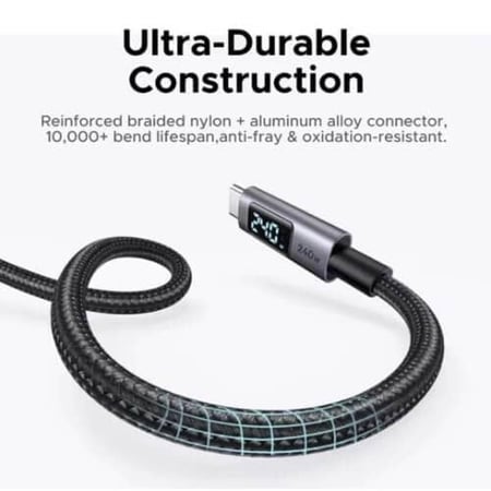 كابل UGREEN بسرعة USB-C 240 واط بشاشة رقمية | مراقبة فورية للطاقة ومتانة فائقة طول 2 متر شحن فائق للابتوب والجوال
