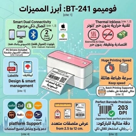طابعة بوليصات شحن حرارية بلوتوث بدون حبر من فوميمو Phomemo 241 أفضل خيار اقتصادي