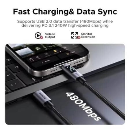 كابل UGREEN بسرعة USB-C 240 واط بشاشة رقمية | مراقبة فورية للطاقة ومتانة فائقة طول 2 متر شحن فائق للابتوب والجوال