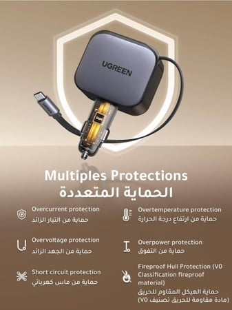 من يوجرين شاحن سيارة UGREEN بسرعة 145 واط و4 منافذ شحن مع كيبل سريع مدمج قابل للسحب شحن فائق للابتوب والجوال