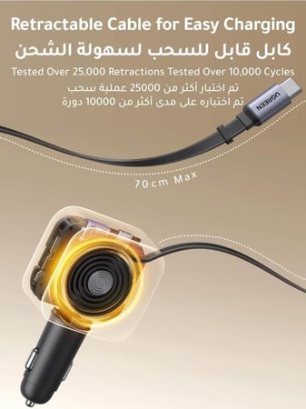 من يوجرين شاحن سيارة UGREEN بسرعة 145 واط و4 منافذ شحن مع كيبل سريع مدمج قابل للسحب شحن فائق للابتوب والجوال