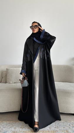 عباية سوداء بليزر بتطريز توليب كحلي أنيق