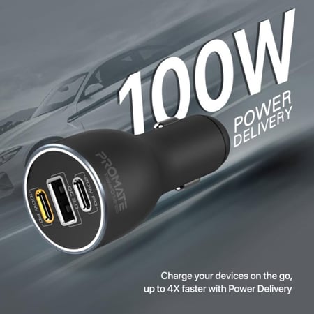 اشحن أجهزتك بسرعة فائقة مع شاحن السيارة القوي PowerDrive-120 بقدرة 120 واط. مع منافذ توصيل طاقة USB-C مزدوجة بقدرة تصل إلى 100 واط و20 واط، بالإضافة إلى منفذ USB QC 3.0 بقدرة 18 واط. ويوفر حماية ضد الشحن الزائد لأجهزتك - Promate  PowerDrive-120
