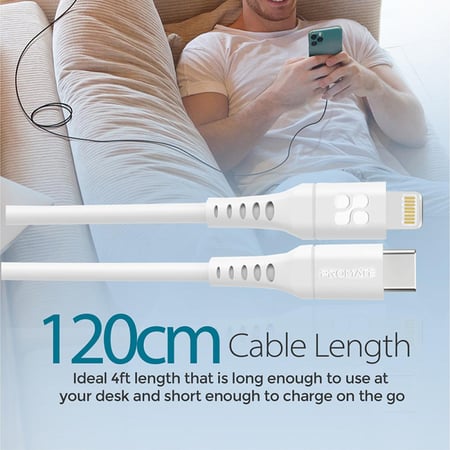 كابل شحن طاقة قوي بقوة 20 واط وتقنية USB-C إلى لايتينينغ لتجربة شحن لا مثيل لها. مصنوع من السيليكون بطول 1.2 متر، تم اختباره لتحمل عمر انحناء يزيد عن 25000، مما يضمن قوة ومتانة عالية - Promate PowerLink-120