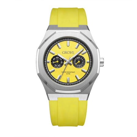 ساعة رجالية  ميناء أصفر وهيكل فضي  ستانلس ستيل