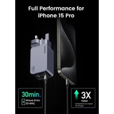 يوجرين  شاحن جداري بمنفذين تايب سي و منفذ يو اس بي مع كيبل تايب سي بقوة 100 واط - رمادي