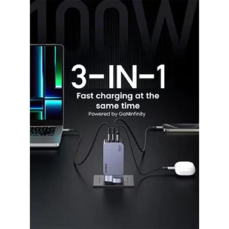 يوجرين  شاحن جداري بمنفذين تايب سي و منفذ يو اس بي مع كيبل تايب سي بقوة 100 واط - رمادي