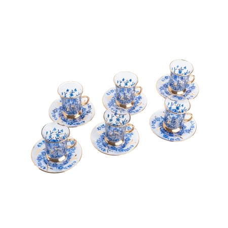 6 بيالة شاي صحن بورسلين أزرق- رسم باليد