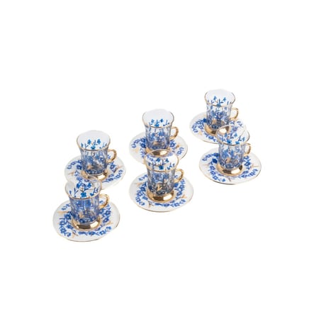 6 بيالة شاي صحن بورسلين أزرق- رسم باليد