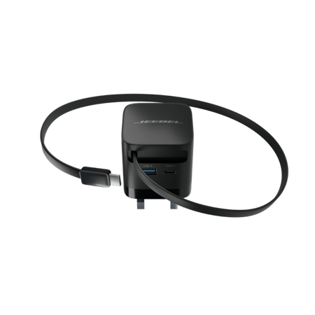 شاحن جداري أسود بمنفذي USB مع كابل قابل للسحب بقوة 65 واط