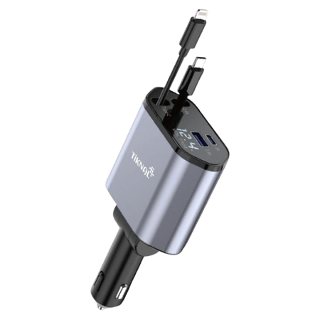 Tiknal 120W 4-in-1 Car Charger with Retractable Cable - Type-C & Lightning - شاحن سيارة تيكنال 4 في 1 بقوة 120 واط مع كابل قابل للسحب - Type-C و Lightning