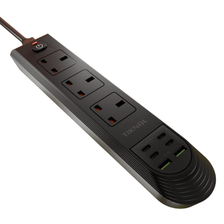 TiKNAL Power Strip 3250W - 3 UK Plugs, 6 USB (4 Type-C) - Surge Protection - توصيلة كهرباء TiKNAL عالية التحمل 3250 واط - 3 مقابس بريطانية، 6 يو اس بي (4 تايب سي) - حماية من التيار الزائد