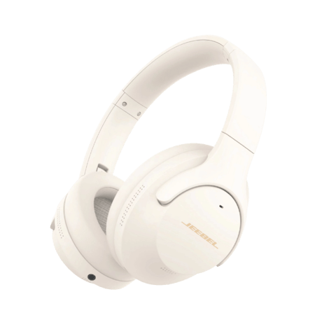 صورة مقربة لسماعة رأس لاسلكية لون بيج أنيق