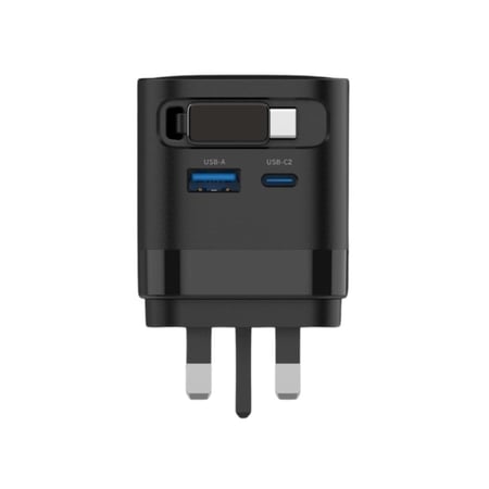 شاحن جداري أسود بمنفذين PD و USB مع كابل قابل للسحب بقوة 65 واط