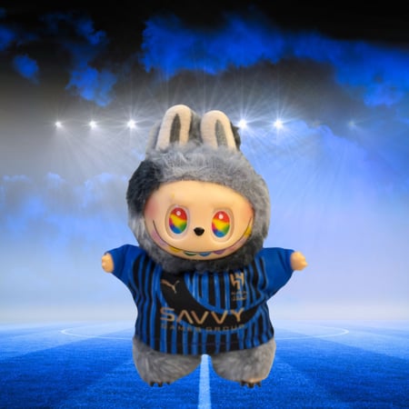 دمية لابوبو ترتدي قميص نادي الهلال في ملعب مضاء