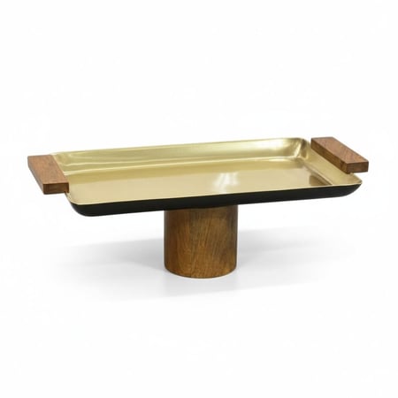 صحن تقديم حديد بقاعدة خشب هندي